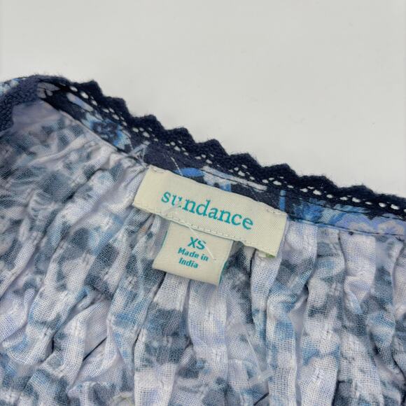 NWOT Sundance Blouse Top XS Blue Floral Smocked Puff Sleeve Lace Henley Tropical - Picture 6 of 6